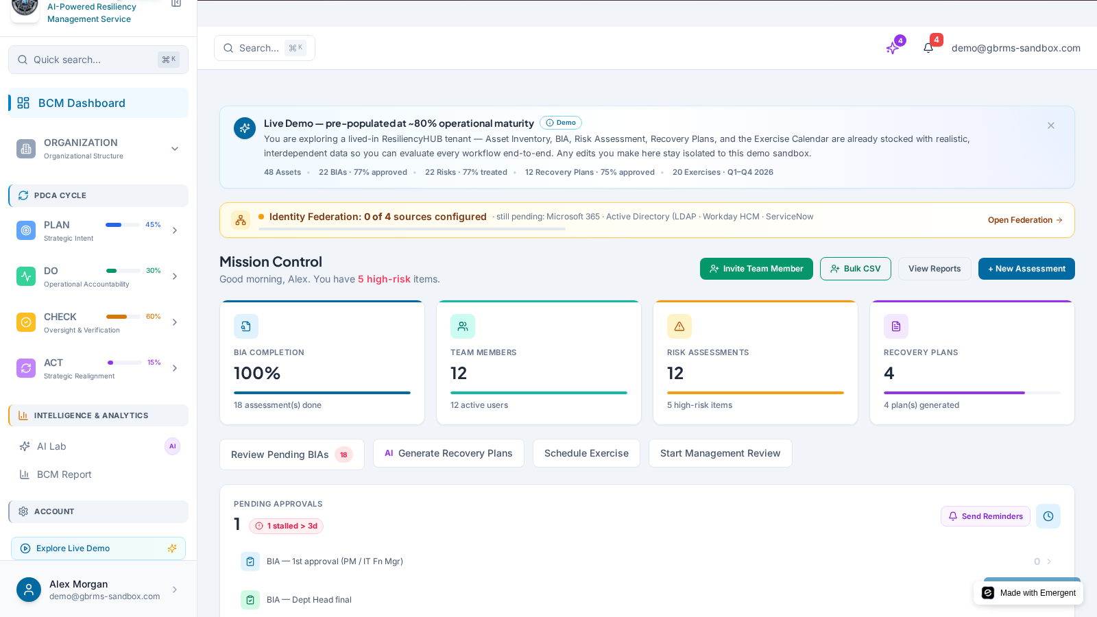 Mission Control Dashboard — Programme Health Score, AI reminder pool, pending approvals, team activity & module shortc