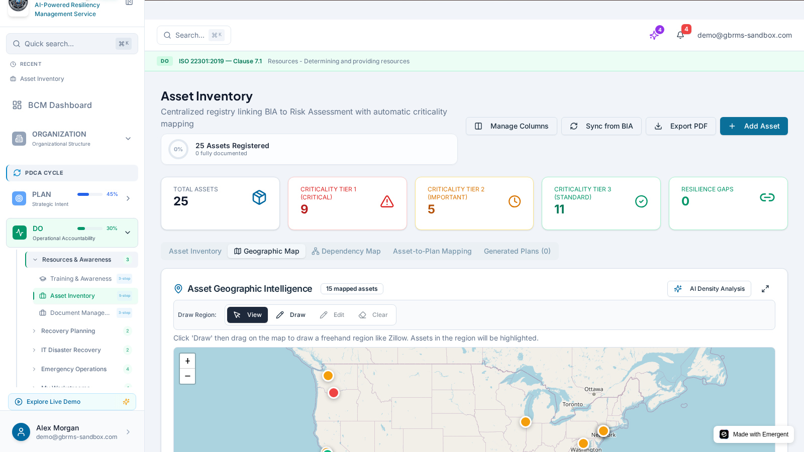 Asset Geo Map — Every asset with a location — facilities, applications, people, vendors — plotted on a sin