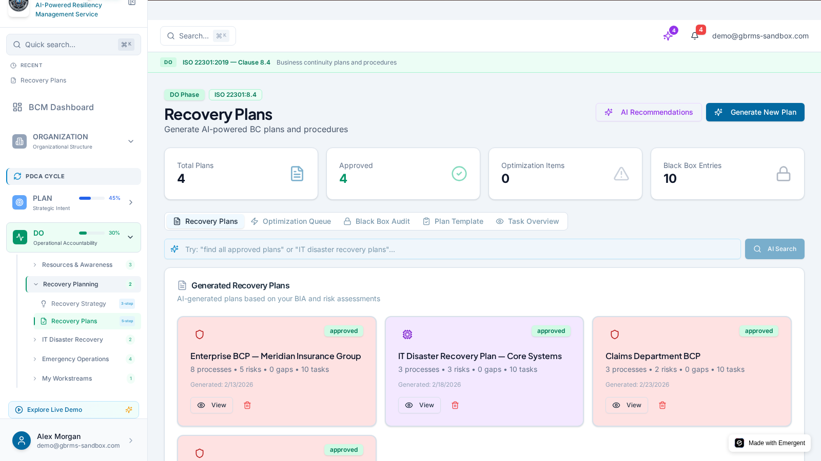 Generated Recovery Plans — AI-generated Business Continuity Plans tied to each BIA — Enterprise BCP, IT-DR, departmen